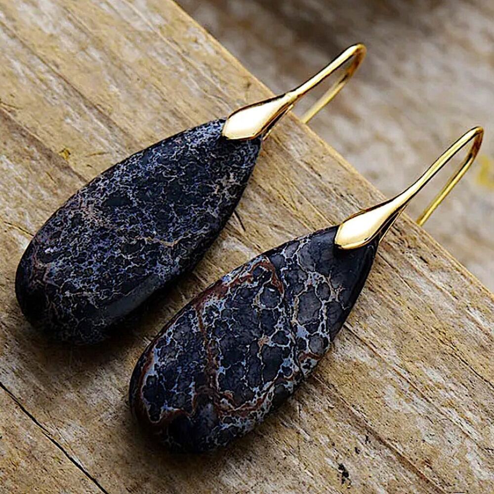 Handcrafted Imperial Black White Natural Stone Earrings Gold